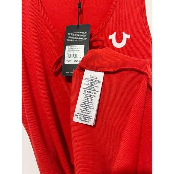 True Religion Red Horseshoe Logo Lace Up Midi Dress Size Small - Picture 4 of 8